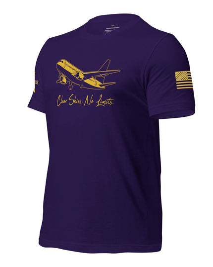 Purple AEROHAUS Clear Skies No Limits tee with gold airplane graphic and text, American flag on sleeve, soft lightweight