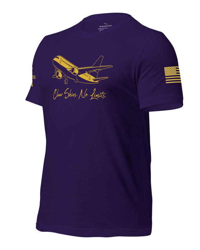 Purple AEROHAUS Clear Skies No Limits tee with gold airplane graphic and text, American flag on sleeve, soft lightweight